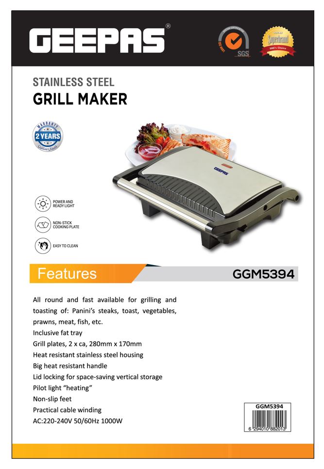 GRILL MAKER 1000W-GEEPAS-MODEL-GGM5394