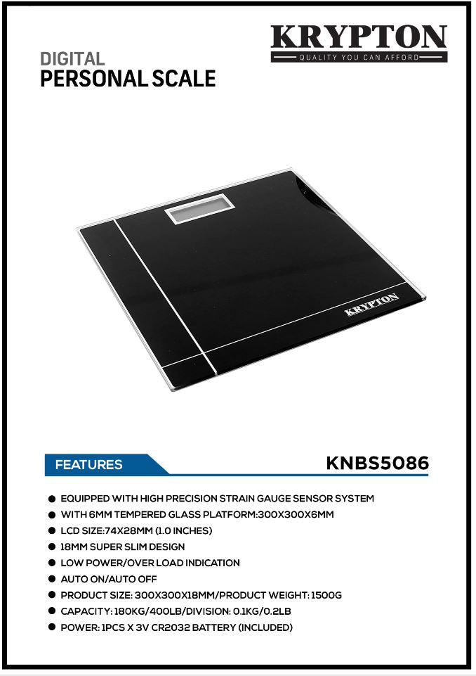 PERSONAL SCALE 6mm TEMPERED GLASS 180KG CAP-KRYPTON-MODEL-KNBS5086