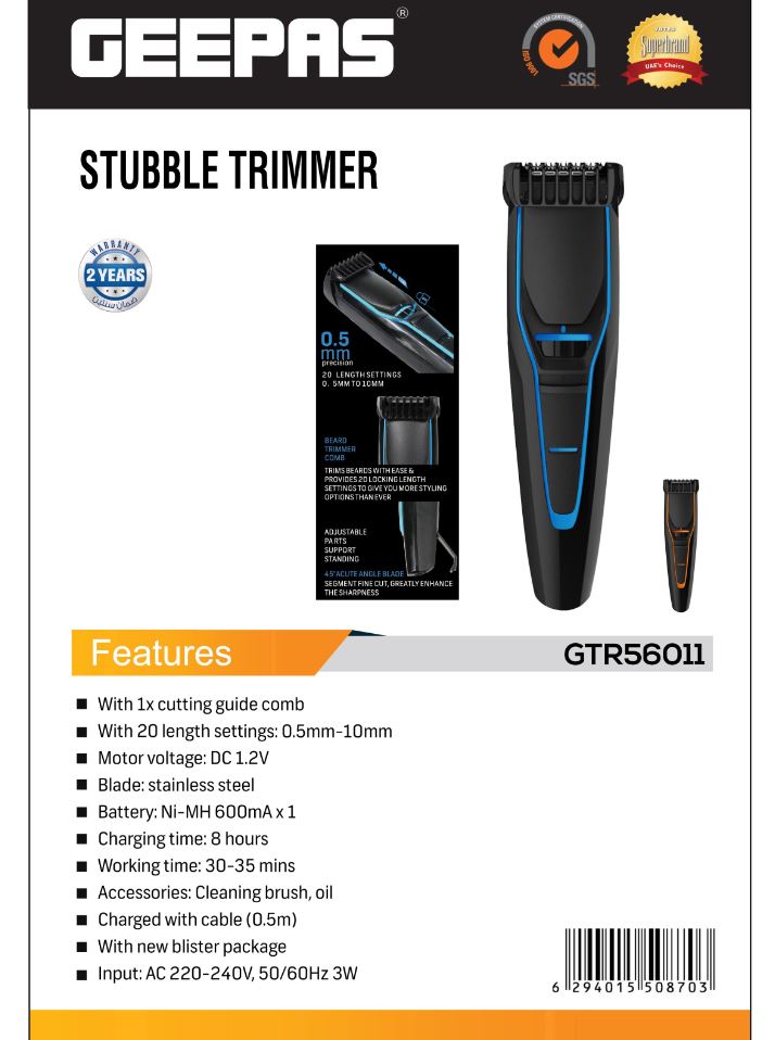 TRIMMER STUBBLE TRIMMER, RECHARGEABLE-GEEPAS-MODEL-GTR56011