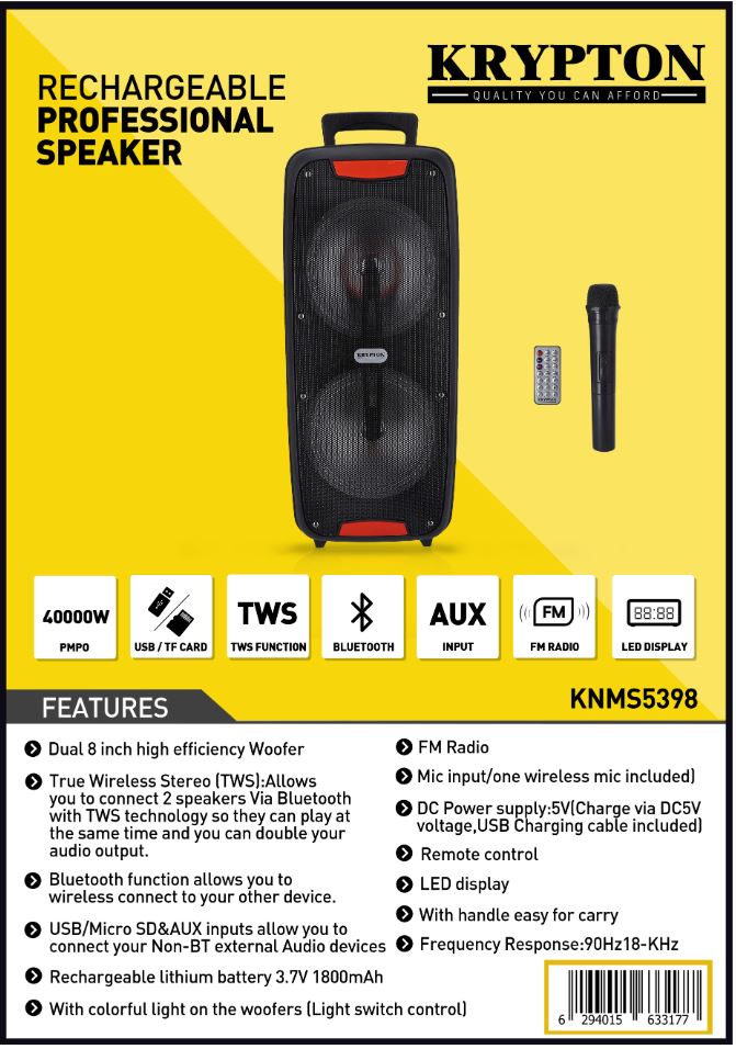 PROFESSIONAL SPEAKER RECHARGEABLE , BLUETOOTH-KRYPTON-MODEL-KNMS5398